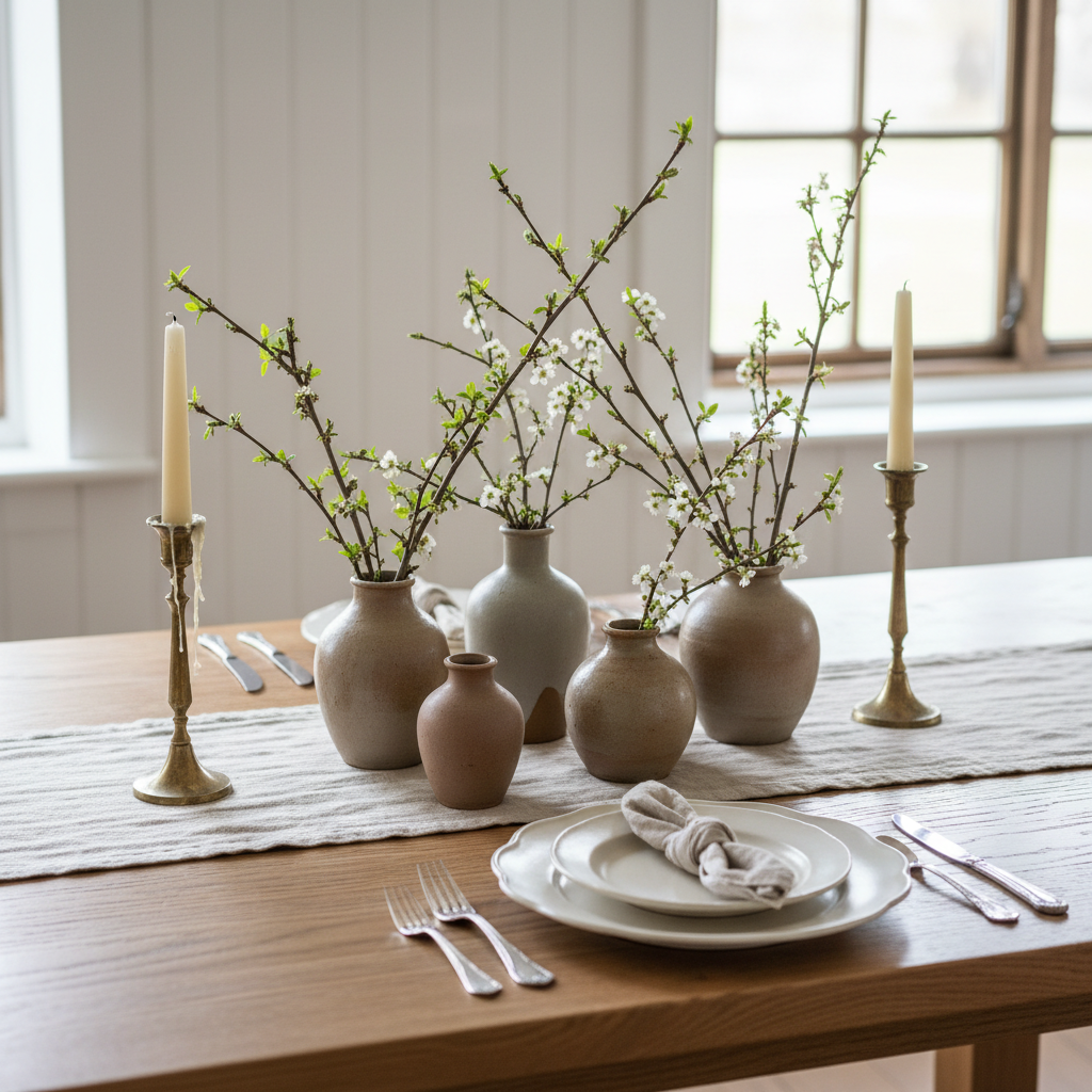 A beautifully arranged cottage dining table set for an intimate gathering, featuring a natural oak tabletop left bare to showcase its grain. At the center, a linen runner in muted oatmeal holds a cluster of simple stoneware vases with foraged seasonal branches. Place settings include off-white scalloped plates, vintage silver cutlery, and crisp linen napkins loosely knotted. A pair of slender brass candlesticks with partially melted beeswax tapers flank the centerpiece. Soft, diffused daylight streams from an unseen window, creating a calm, airy glow. Photographic realism, shot from a slightly elevated angle using the rule of thirds, with the centerpiece in focus and the background—a blurred hint of panelled walls—subtly receding. The mood is sophisticated, welcoming, and quietly celebratory.