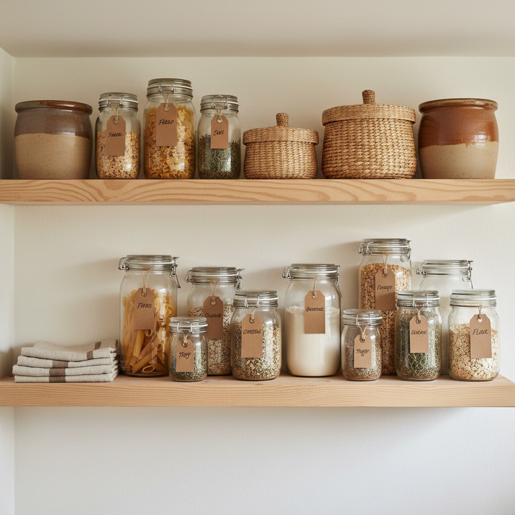 A thoughtfully curated cottage pantry shelf, built from pale, unfinished pine, lined with neatly arranged glass jars of dried goods, each with handwritten kraft paper labels. Earthenware crocks in soft clay tones sit beside woven lidded baskets, while a small stack of folded natural linen tea towels adds softness. The back wall is painted in a chalky, warm white that enhances the organic textures. Soft overhead ambient lighting combined with faint natural light from a nearby window creates gentle highlights on the glass and ceramics. Photographic realism, shot straight-on with sharp focus throughout to emphasize order and detail. The atmosphere is calm, restrained, and satisfyingly organized, showcasing a sophisticated, natural approach to cottage-style storage and everyday essentials.
