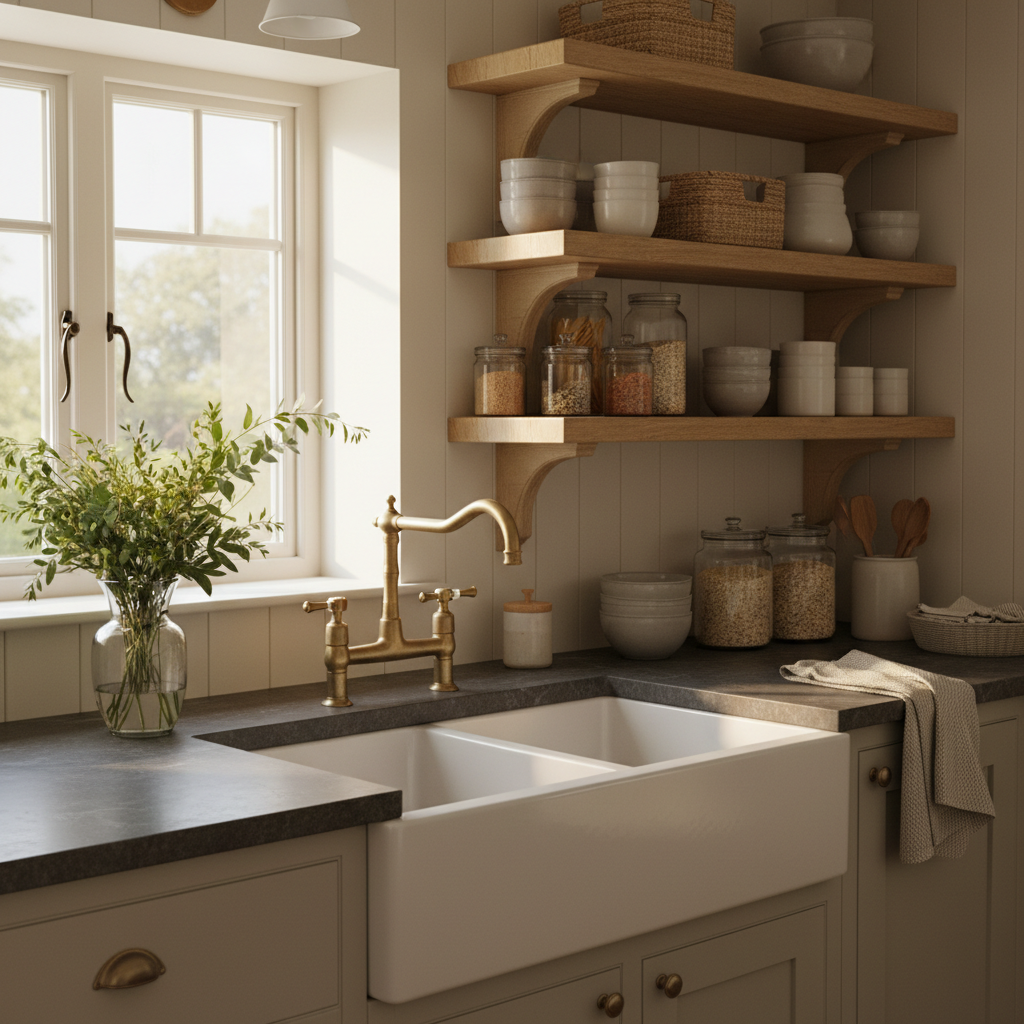 A rustic yet refined cottage kitchen vignette showcasing a deep farmhouse sink in white porcelain set into a honed soapstone countertop. Above, open oak shelves display neatly stacked stoneware in soft greys and creams, alongside woven baskets and clear glass storage jars filled with pantry staples. A vase of loosely arranged greenery from the garden rests by the window. Late afternoon golden light pours in, creating reflections on the ceramic and subtle shadows on the tongue-and-groove backsplash. Captured in photographic realism from a three-quarter angle, with a moderate depth of field that keeps the sink and countertop in sharp focus. The atmosphere is warm, lived-in, and elegantly understated, celebrating natural materials and thoughtful hosting.