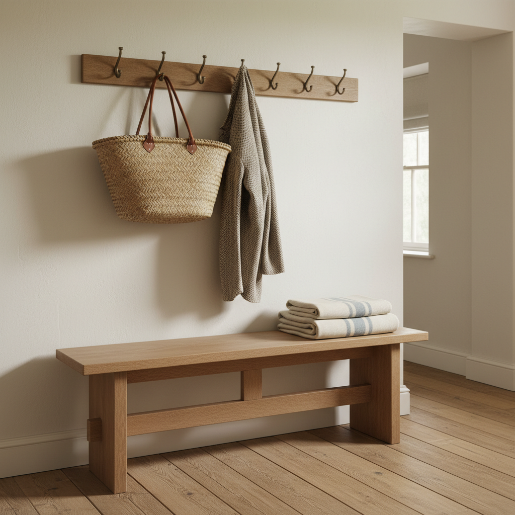 An inviting cottage entryway vignette featuring a vintage shaker-style peg rail on an off-white limewashed wall. A woven seagrass market basket hangs beside a textured oatmeal-colored wool coat, while below, a solid oak bench with a smooth, hand-rubbed finish holds a stack of neatly folded striped blankets. On the floor, wide planks with a soft, timeworn patina lead the eye toward a partially visible, sunlit room beyond. Gentle, diffused daylight enters from an unseen side window, creating soft shadows and a tranquil glow. Photographic realism, framed with asymmetrical balance from an eye-level perspective, allowing negative space on the wall to enhance the quiet elegance. The mood is welcoming, composed, and subtly luxurious, capturing the grace of everyday cottage arrivals and departures.