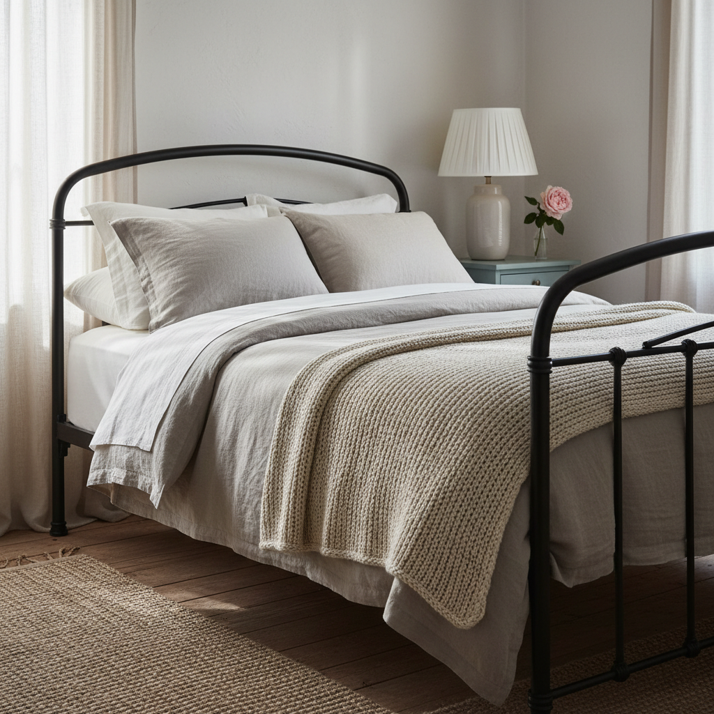 A cozy cottage bedroom scene centered on a wrought-iron bedframe in soft matte black, dressed in layered natural linens in tones of cream, dove grey, and pale taupe. A chunky knit throw is casually draped across the foot of the bed, adding texture. Beside it, a small painted nightstand in muted duck-egg blue holds a ceramic lamp with a pleated shade and a single cut garden rose in a bud vase. Early morning light filters through linen drapes, creating a gentle, dappled pattern across the bedding. Photographic realism, captured from a side angle at mattress height with a shallow depth of field focused on the layered textiles. The ambiance is calm, intimate, and sophisticated, embodying natural home style and slow, restful cottage living.